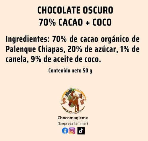 Chocolate oscuro 70% | Cacao + coco